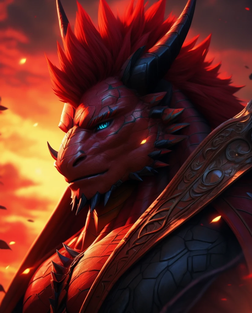 muscular dragon man, furry, full body, detailed face, detailed eyes, red hair, photorealistic, cinematic lighting, dramatic pose, fantasy, highly detailed, 8k, masterpiece