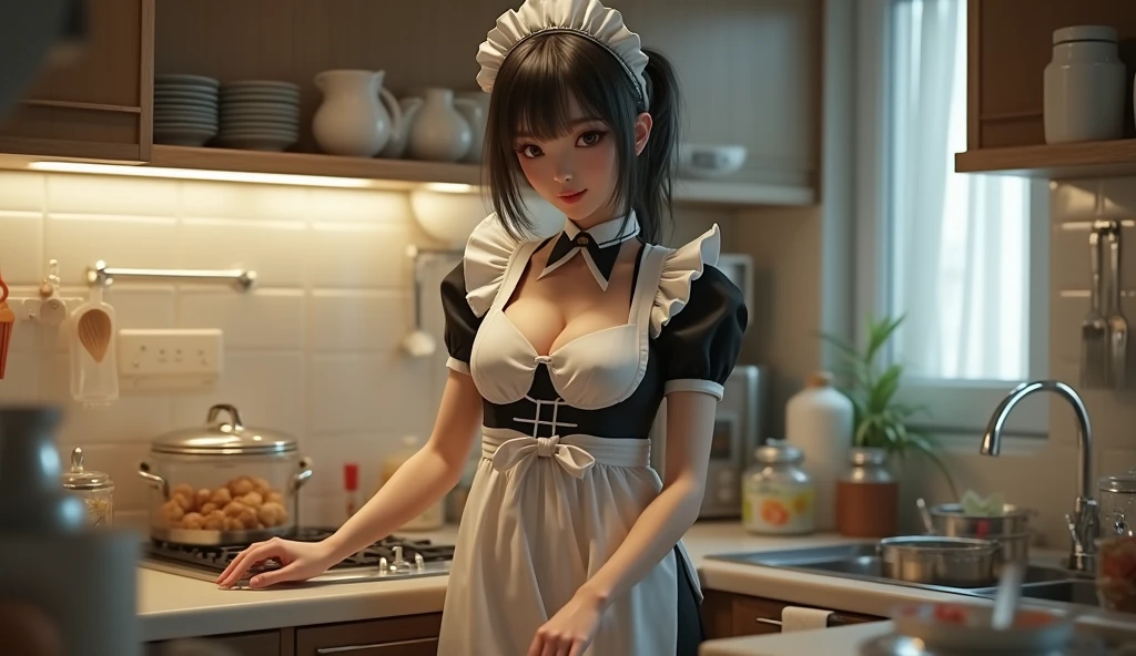 Kitchen maid Ripped white silk exposed small breasts Torn clothes Apron