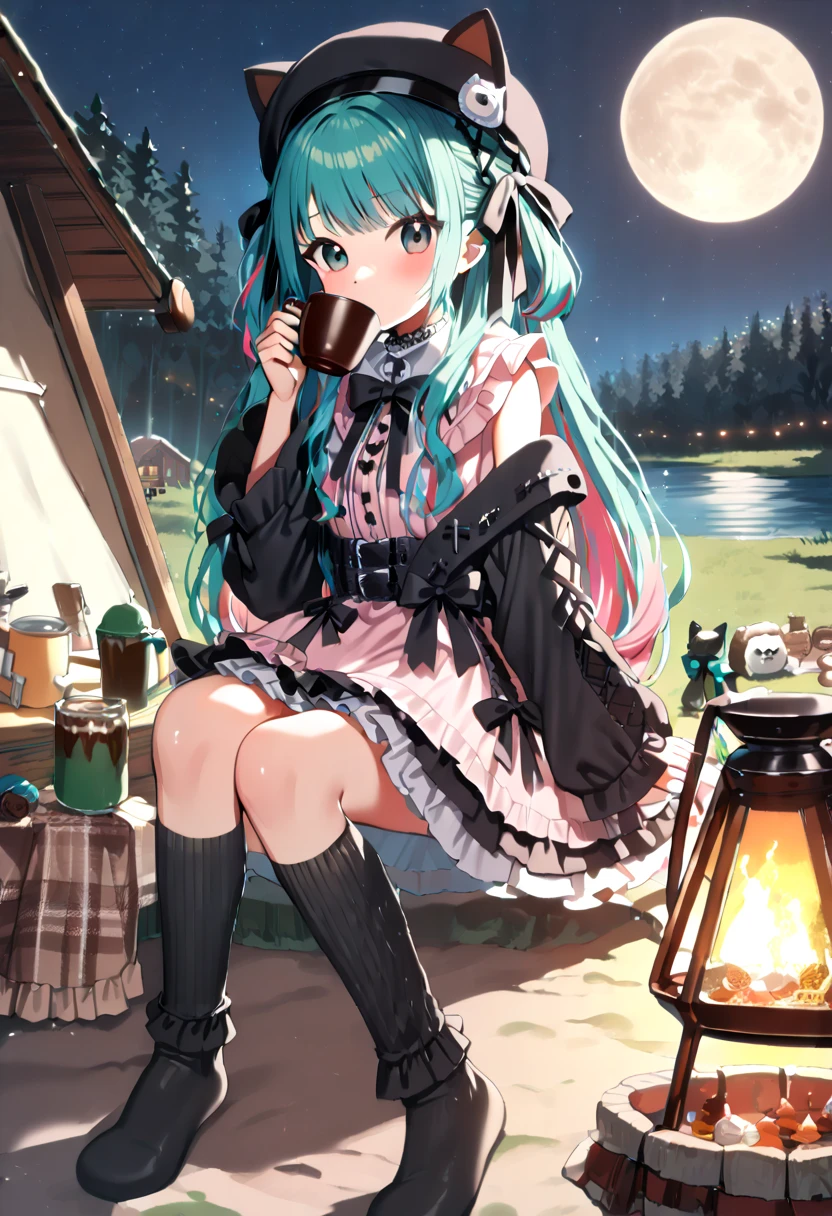 (hatsune miku, 1girl, solo:1.2), (gleaming skin, shiny skin:1.4), (green hair, pink mixed hair:1.4), (black cat ears hat:1.2), (black mouth mask:1.4), (black oversized hoodie:1.2), (winter oversized hoodie:1.4), (jirai kei, black short sleeves ruffle dress, black socks, lolita fashion black bow watson cross:1.4), (pink hair ribbon:1.4), (drinking cocoa:1.4), (winter solo camp, cantera, lakeside:1.4), (midnight, fullmoon:1.4), (under moonlight:1.4), 