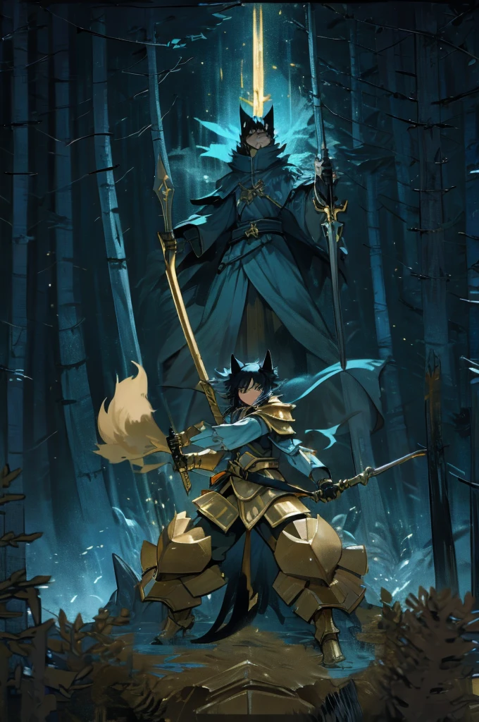 (Rimuru tempest, fox ears and tail, black hair, golden armor, short, serious, golden shield and glaive, epic pose) Dark forest