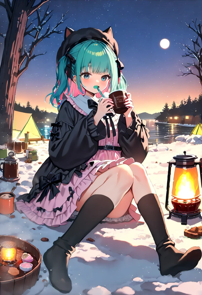 (hatsune miku, 1girl, solo:1.2), (gleaming skin, shiny skin:1.4), (green hair, pink mixed hair:1.4), (black cat ears hat:1.2), (black oversized hoodie:1.2), (winter oversized hoodie:1.4), (jirai kei, black short sleeves ruffle dress, black socks, lolita fashion black bow watson cross:1.4), (pink hair ribbon:1.4), (drinking cocoa:1.4), (winter solo camp, cantera, lakeside:1.4), (midnight, fullmoon:1.4), (under moonlight:1.4), 