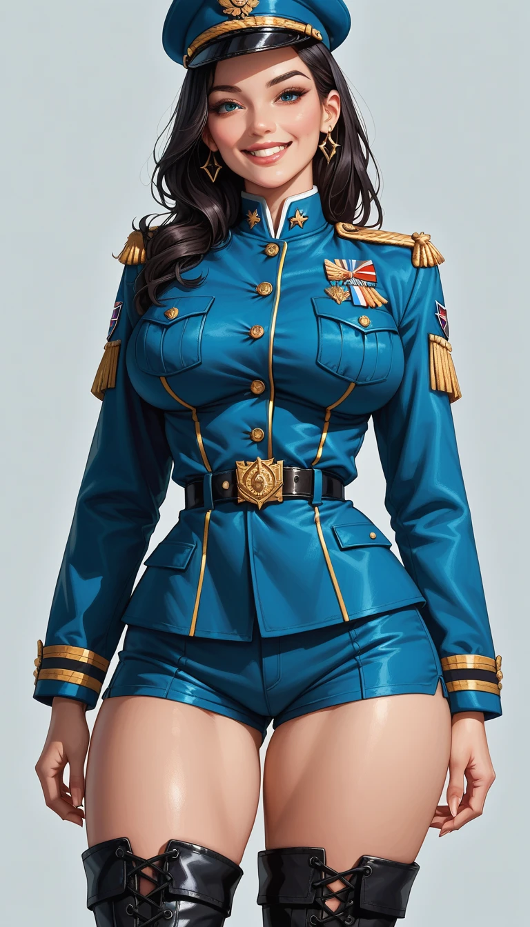    masterpiece ,    higher quality  , 1 , standing, Alone,   Big breasts ,  thin waist , thick thighs blue uniform militare, epaulettes, thigh boots, uniform militare, military, uniform, belt, shorts, boots, toys, happiness, shezfe ,  thighs, long, straight black hair,  Blue Eyes,   looking at the viewer  ,    mischievous smile   ,