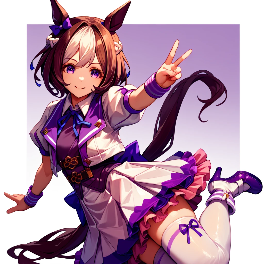 best quality, absurdres, masterpiece, 
special week \(umamusume\), 
smiling, making a V sign, ear bow, purple bow, puffy short sleeves, neck ribbon, blue ribbon, cropped jacket, white jacket, two-tone jacket, collared shirt, white shirt, purple vest, wristband, wrist cuffs, white skirt, pleated skirt, two-tone skirt, frilled skirt, frills, zettai ryouiki, white thighhighs, white footwear, purple footwear, asymmetrical footwear, mismatched footwear, high heels,