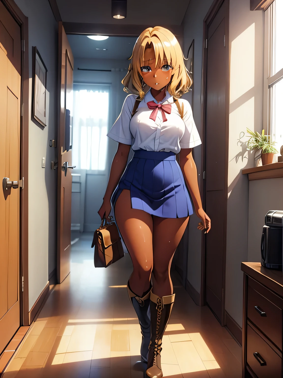 masterpiece、top-quality、 skin is tanned 、Brown Skin、Short blonde、Blonde dyed hair、Magical girl costume for girls、 nice buddy 、 disgusting face staring naked、 handbag 、blush、Sweaty、White high heel boots、 standing、Like the whole body、Young housewife、Flashy makeup、I don't like it at work 々 Miss Deriheru 、 scene where he walks into a dirty apartment、 official art