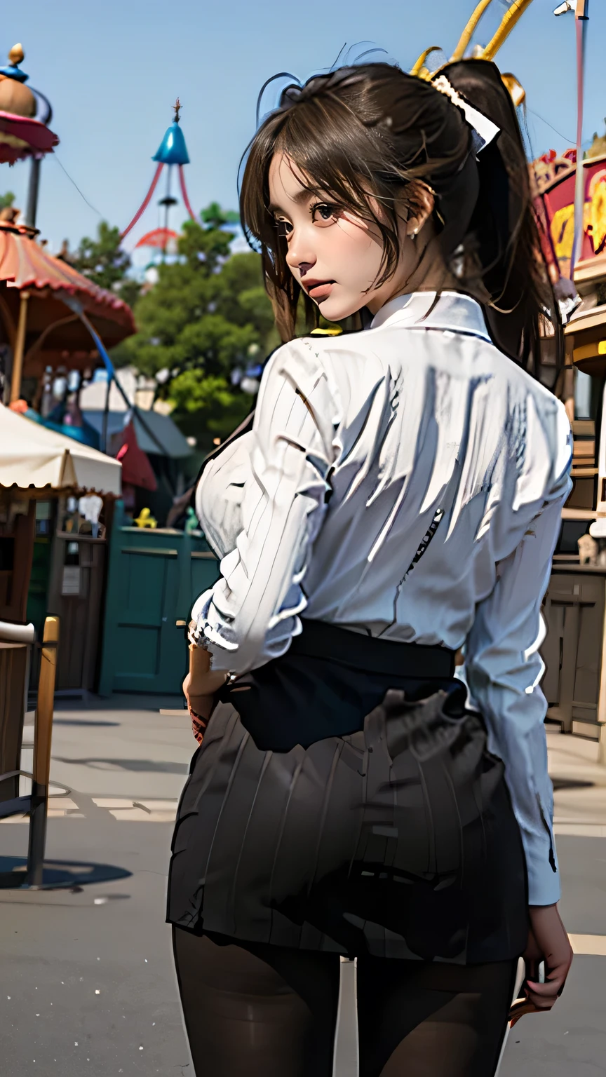 (((  top quality))), ((  Masterpiece  )), (    Details), ((Alone)), ((((((A girl dressed as Isuzu Chito)))))),  ((( slender body:1.4, Big Breasts , Wide ass,Thick Ass,Round and soft ass,  slim,  Thin Waist ,  toned thick thighs,  Thin legs))),(    pretty nipples with visible buttocks,  camel toe    ,Camel hoof), ((      growing skin    ,    white skin,      growing skin    )), Mysterious Light,  ((( Girl with a well-groomed face   ))), ((  big eyes)), ((((((Droopy eyes)))))), ((((   closes the eye )))), ((((   accurate anatomy )))),    Completely-valid   ,    eyeshadow,     earrings for women alone  ,    Necklaces    , (((((aaisuzu, 1girl, ponytail, brown eyes, pinstripe suit, black suit, collared shirt, pinstripe skirt, black pantyhose,open chest))))),((( random gravure pose))),(((Amusement park background))),from behind,P Line,