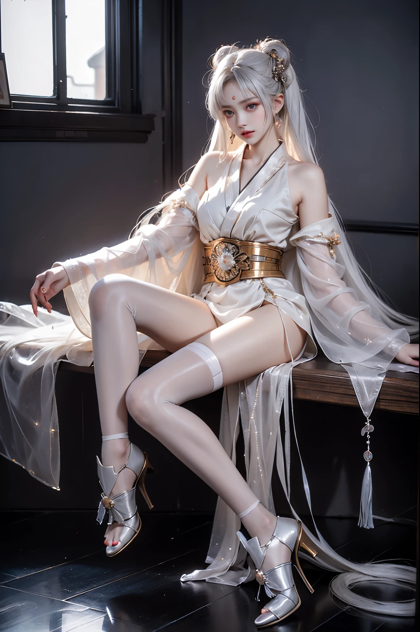 1girl,silver hair,japanese clothes,white thighhighs,detached sleeves, hair ornament,, ((cowboy shot:1.2)),(1girl solo), Hyperrealistic, stunningly beautiful model with long, slender, and well-proportioned legs, sitting elegantly on a floating crystal platform. The platform glimmers with ethereal light, surrounded by a surreal atmosphere of soft, dreamy colors. The model adopts a graceful sitting posture, with legs positioned naturally and aesthetically pleasing, exuding confidence and allure. with subtle textures and intricate details. The scene is illuminated by soft, natural lighting that enhances her flawless skin and highlights the delicate reflections on the crystal platform. A blend of realism and surrealism creates an awe-inspiring, high-quality image, photorealistic, ultra-detailed, cinematic lighting, correct anatomy, perfect posture, elegant pose, surreal ambiance, high resolution, HDR quality, professional fashion photography, hyperrealistic textures, sexy and classy.