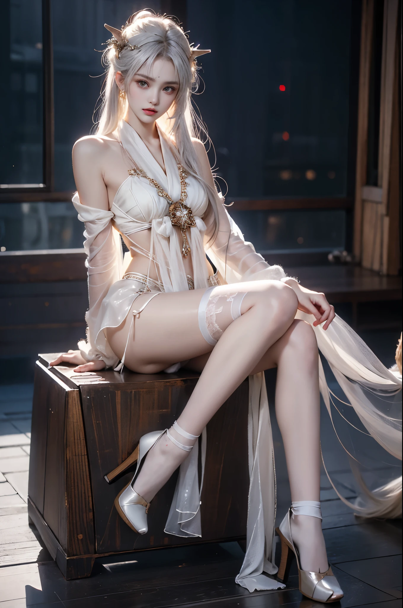 1girl,silver hair,japanese clothes,white thighhighs,detached sleeves, hair ornament,, ((cowboy shot:1.2)),(1girl solo), Hyperrealistic, stunningly beautiful model with long, slender, and well-proportioned legs, sitting elegantly on a floating crystal platform. The platform glimmers with ethereal light, surrounded by a surreal atmosphere of soft, dreamy colors. The model adopts a graceful sitting posture, with legs positioned naturally and aesthetically pleasing, exuding confidence and allure. with subtle textures and intricate details. The scene is illuminated by soft, natural lighting that enhances her flawless skin and highlights the delicate reflections on the crystal platform. A blend of realism and surrealism creates an awe-inspiring, high-quality image, photorealistic, ultra-detailed, cinematic lighting, correct anatomy, perfect posture, elegant pose, surreal ambiance, high resolution, HDR quality, professional fashion photography, hyperrealistic textures, sexy and classy.