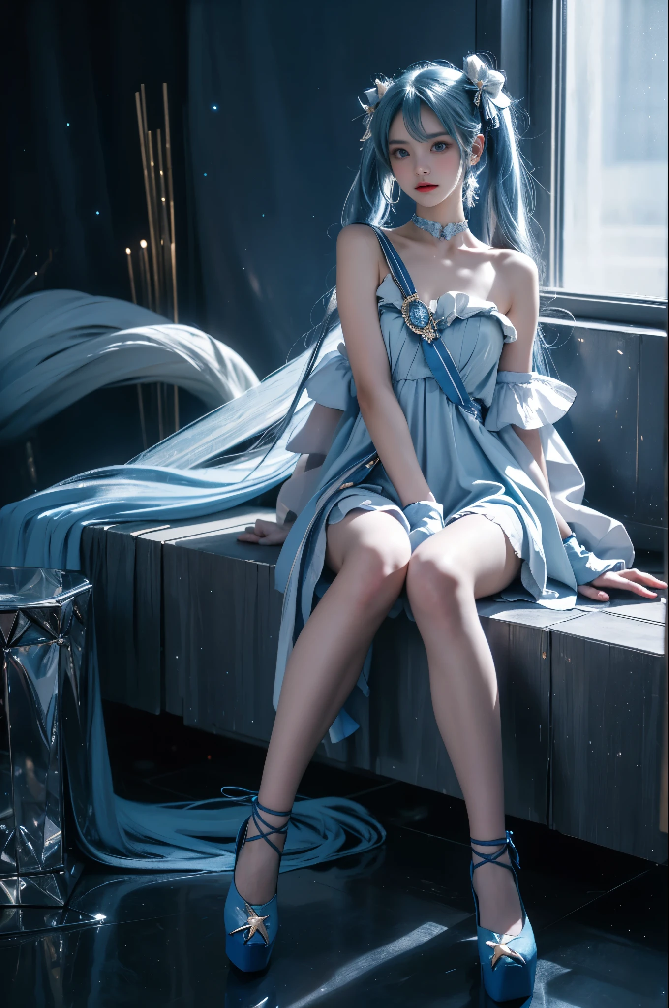 1girl,twintails,yuki miku, fingerless gloves, blue eyes, blue hair,(blue dress:1.1),ribbon, star \(symbol\), ((cowboy shot:1.2)),(1girl solo), Hyperrealistic, stunningly beautiful model with long, slender, and well-proportioned legs, sitting elegantly on a floating crystal platform. The platform glimmers with ethereal light, surrounded by a surreal atmosphere of soft, dreamy colors. The model adopts a graceful sitting posture, with legs positioned naturally and aesthetically pleasing, exuding confidence and allure. with subtle textures and intricate details. The scene is illuminated by soft, natural lighting that enhances her flawless skin and highlights the delicate reflections on the crystal platform. A blend of realism and surrealism creates an awe-inspiring, high-quality image, photorealistic, ultra-detailed, cinematic lighting, correct anatomy, perfect posture, elegant pose, surreal ambiance, high resolution, HDR quality, professional fashion photography, hyperrealistic textures, sexy and classy.