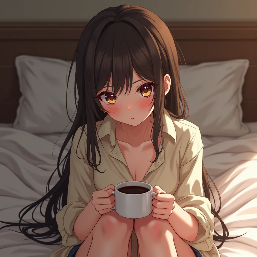 maisakurajima, Mai Sakurajima, Long Hair, bangs, (Black Hair:1.5), hair ornaments, (Purple eyes:1.1), Sleepy eyes,Open your mouth,Tank top shirt,Black string underwear,barefoot,Holding a coffee mug with both hands,Sitting on the sofa,
break indoors, room,
break looking at viewer, whole body,(Cowboy Shot:1.5),
break (masterpiece:1.2), highest quality, High resolution, unity 8k wallpaper, (figure:0.8), (Beautiful fine details:1.6), Highly detailed face, Perfect lighting, Highly detailed CG, (Perfect hands, Perfect Anatomy),
