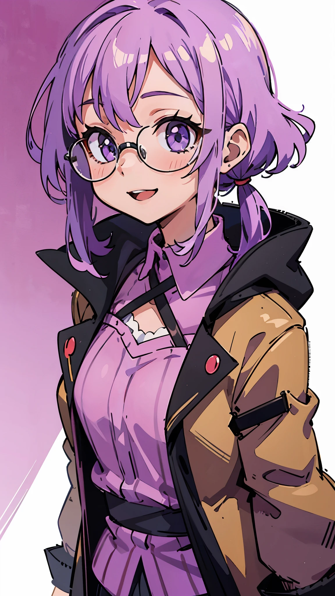 20-year-old woman、 lavender-colored hair 、Purple Eyes、 big smile 、Wearing black-rimmed glasses、 brown jacket、pink blouse shirt、 upper body