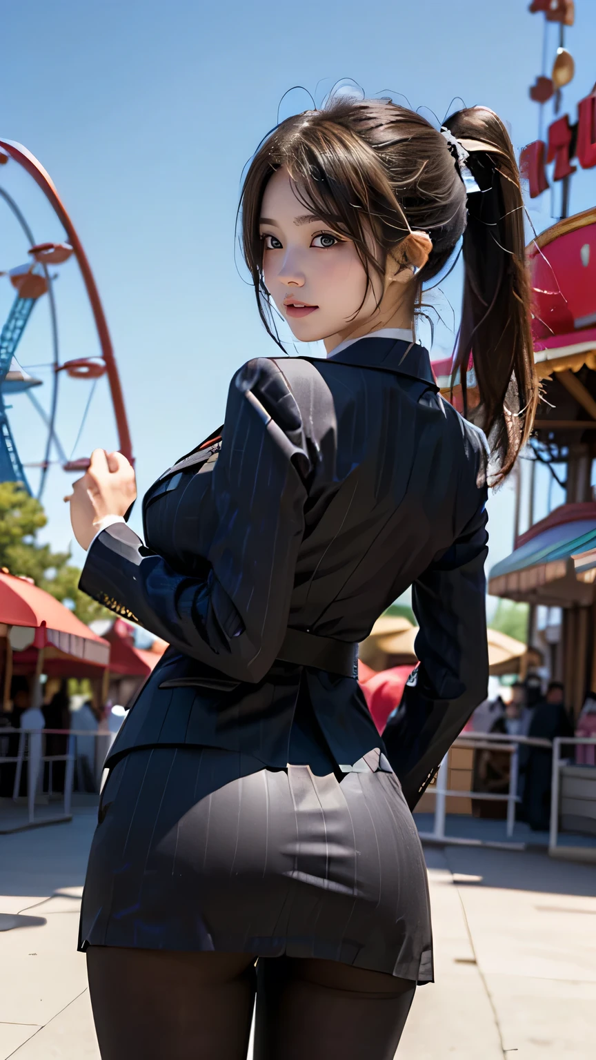 (((  top quality))), ((  Masterpiece  )), (    Details), ((Alone)), ((((((A girl dressed as Isuzu Chito)))))),  ((( slender body:1.4, Big Breasts , Wide ass,Thick Ass,Round and soft ass,  slim,  Thin Waist ,  toned thick thighs,  Thin legs))),(    pretty nipples with visible buttocks,  camel toe    ,Camel hoof), ((      growing skin    ,    white skin,      growing skin    )), Mysterious Light,  ((( Girl with a well-groomed face   ))), ((  big eyes)), ((((((Droopy eyes)))))), ((((   closes the eye )))), ((((   accurate anatomy )))),    Completely-valid   ,    eyeshadow,     earrings for women alone  ,    Necklaces    , (((((aaisuzu, 1girl, ponytail, brown eyes, pinstripe suit, black suit, collared shirt, pinstripe skirt, black pantyhose,open chest))))),((( random gravure pose))),(((Amusement park background))),from behind,P Line,