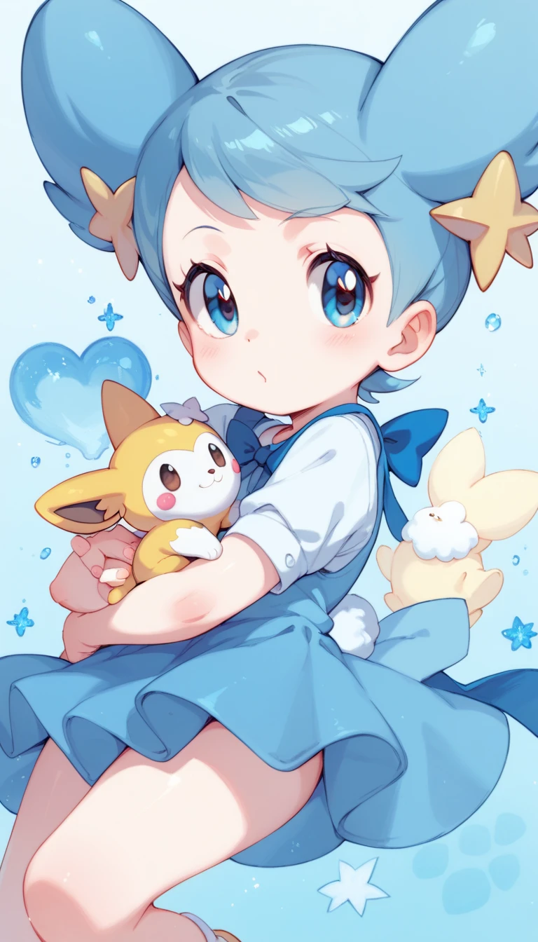 funny and cute image of Misty from Pokémon next to My Melody from Sanrio, simple image in pastel blue tone