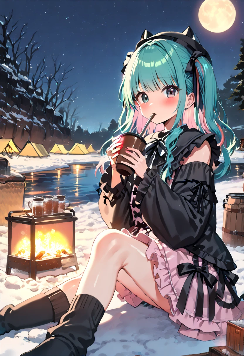 (hatsune miku, 1girl, solo:1.2), (gleaming skin, shiny skin:1.4), (green hair, pink mixed hair:1.4), (black cat ears hat:1.2), (black oversized hoodie:1.2), (winter oversized hoodie:1.4), (jirai kei, black short sleeves ruffle dress, black socks, lolita fashion black bow watson cross:1.4), (pink hair ribbon:1.4), (drinking cocoa:1.4), (winter solo camp, cantera, lakeside:1.4), (midnight, fullmoon:1.4), (under moonlight:1.4), 