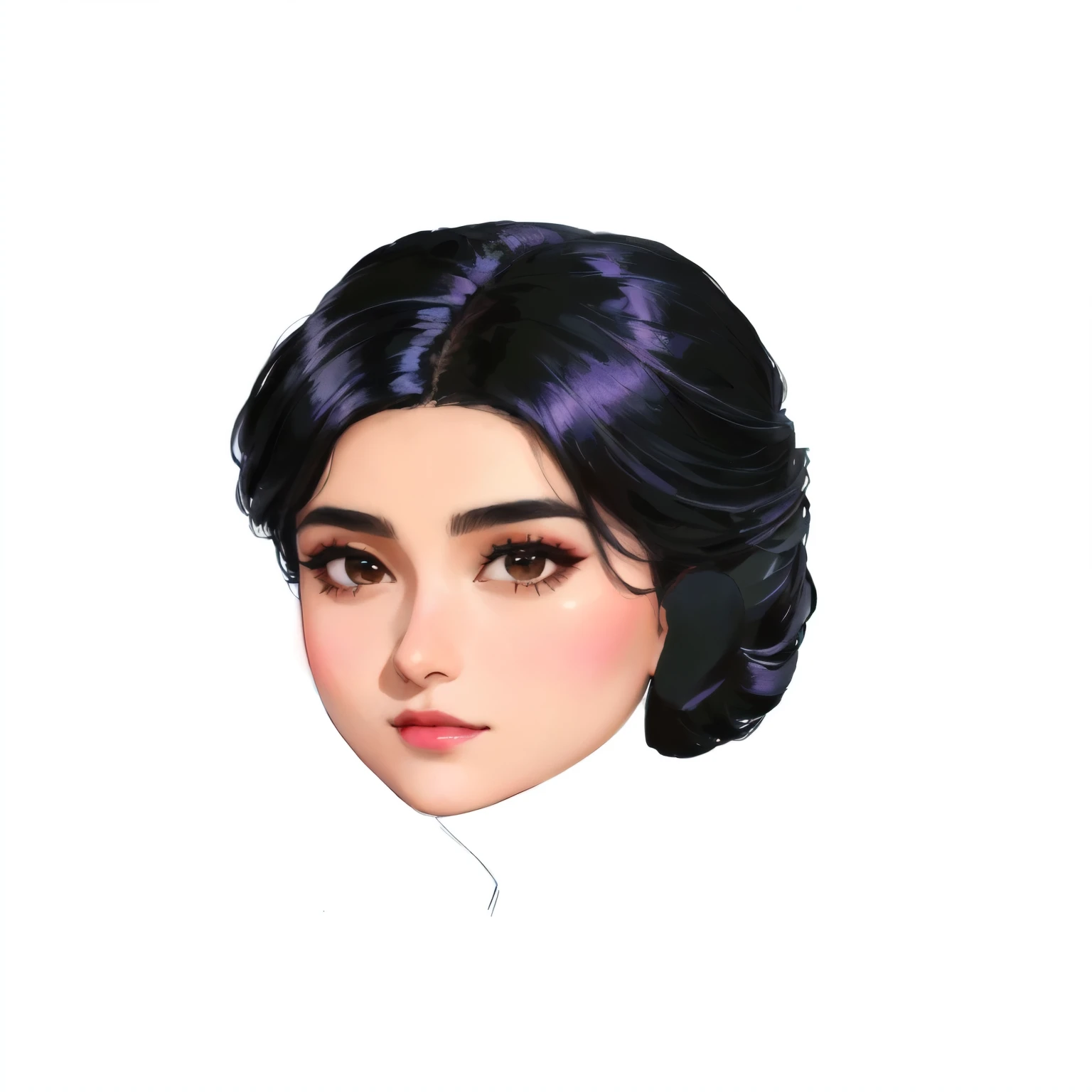 a woman with a black hair and a black dress is wearing a purple wig, inspired by T. K. Padmini, 2d portrait, potrait of a female face, in the art style of bowater, with very highly detailed face, digital art portrait, portrait of modern darna, female face, with round face, digital art of an elegant