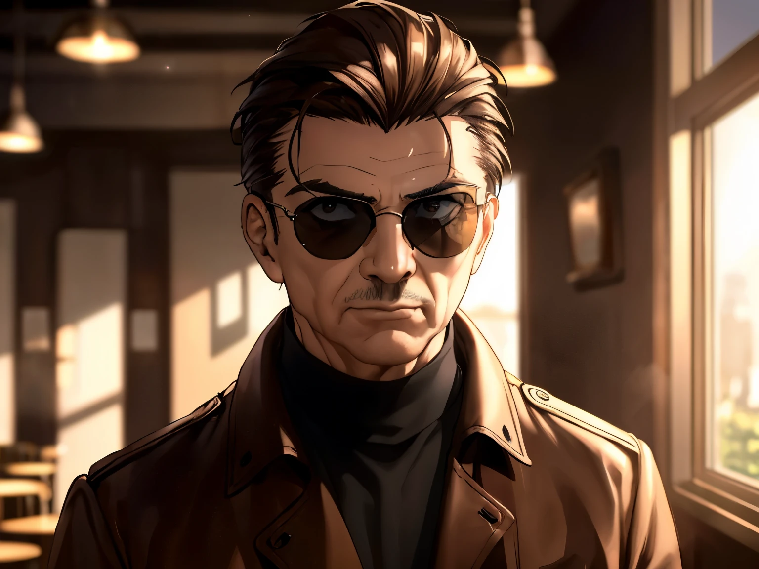 1 male, (upper body), ((sunglasses)), ((hair slicked back)), (dark brown hair), (brown coat), cinematic lighting, dramatic lighting, Sharp Focus, (Best Quality, masterpiece, detailed, facial focus),((in the cafe)), (looking viewer), standing straight, (detailed hand), [old man, elderly]