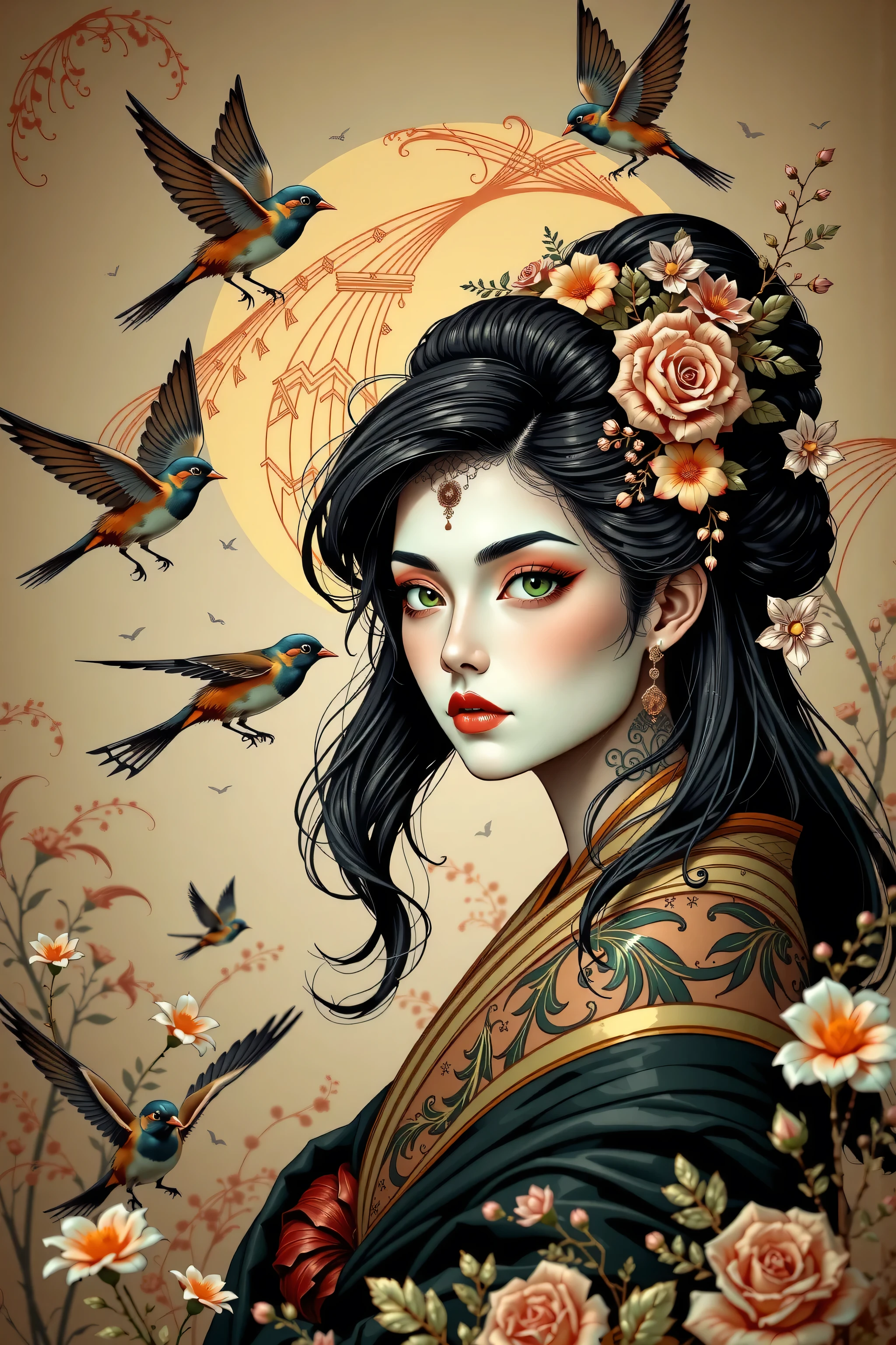 ((best quality)), ((masterpiece)), (detailed), ((perfect japanese face)), surreal, art nouveau, sparrows, fantasy, sci-fi, line drawing, japanese, traditional, vintage, elegant, chic, sophisticated, tattooed face, black and white, in the style of french illustrator moebius, 
