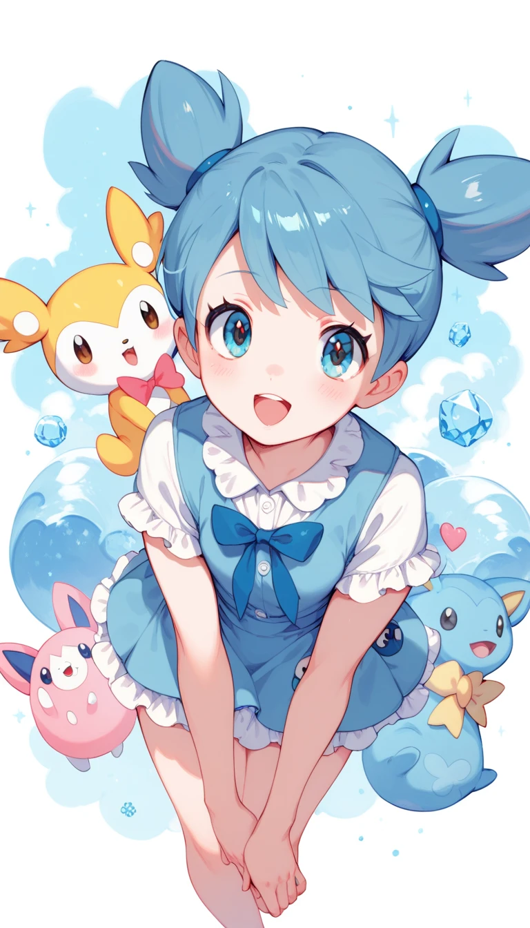 funny and cute image of character Misty from Pokémon next to My Melody from Sanrio, simple image in pastel blue tone