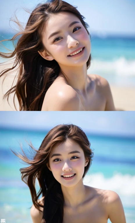 highest quality, table top, (realistic:1.2), two girls, brown hair, brown eyes,front, detailed face, beautiful eyes, They have fun on the beach. They look very happy playing on the beach . They were accessorized with trifles., a silver bracelet on her wrist. while playing, The girl was attracted to the colorful and sparkling seascape.. She is wearing cute heart-shaped earrings and a matching necklace.、She smiles in the bright sunlight、Group of 2、beautiful face、(full nude)、Breasts out、standing、big breasts、beautiful breasts、、Glamour、Slender、clearly、bikini,reddish、gold、black。