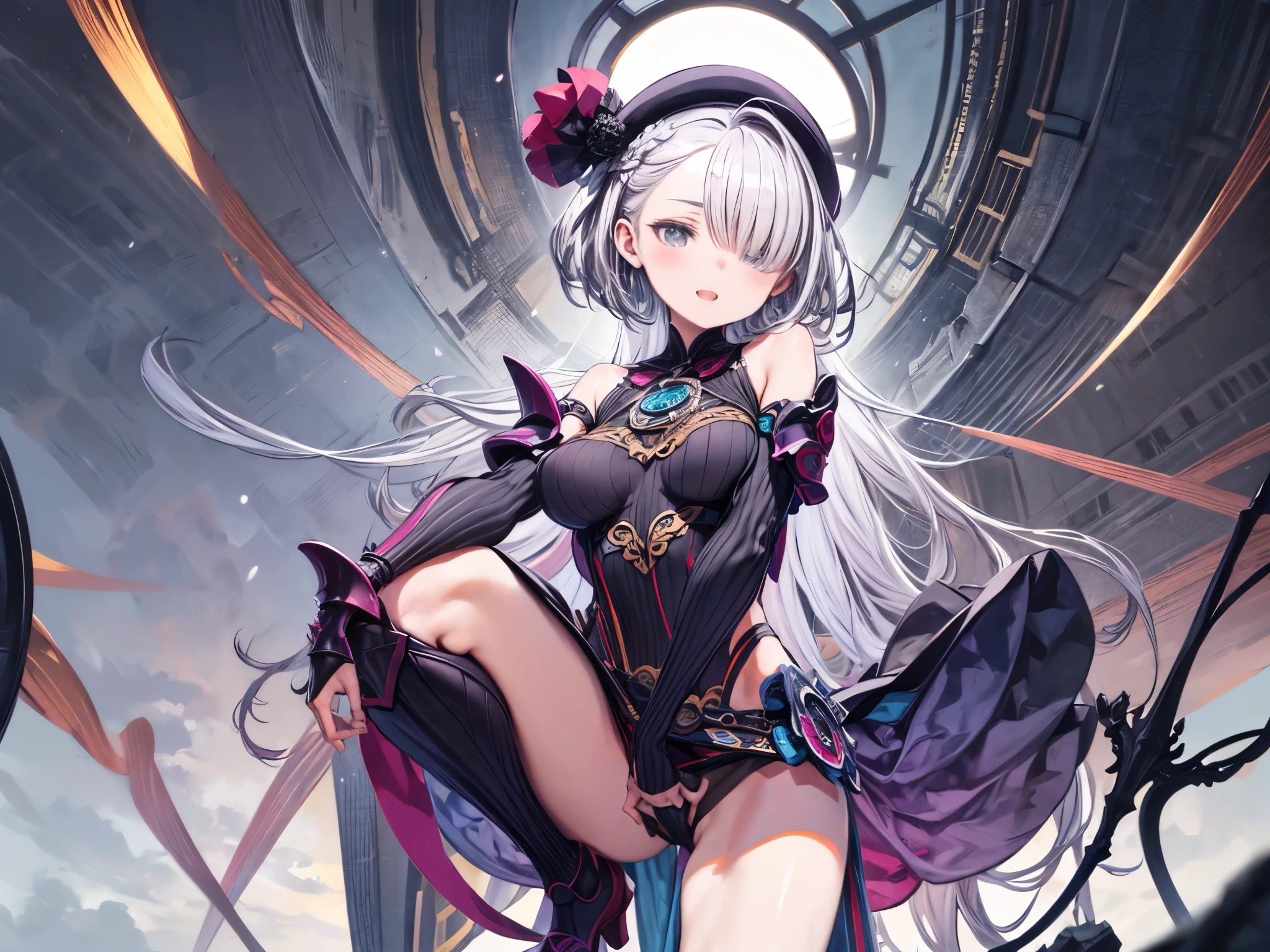 masterpiece, best quality, integrated scenery, integrated background, extremely delicate and beautiful, meticulous details, good composition, , cute face, perfect face, perfect hands, fantasy, 1petite_girl,_teen,ght_purple_hair, short_back_hair, long_bangs, bare_shoulder,thighhighs,silver_armor,flowers_beret, waist_armor, large_breasts,half_eyes,floating, bare_crotch, headgear,gauntlet, greaves,city_background,slightly_spread_legs, solo, groin_naked,(hair_over_one_eye:1.4), lean back,open_legs,closed_mouth,smile