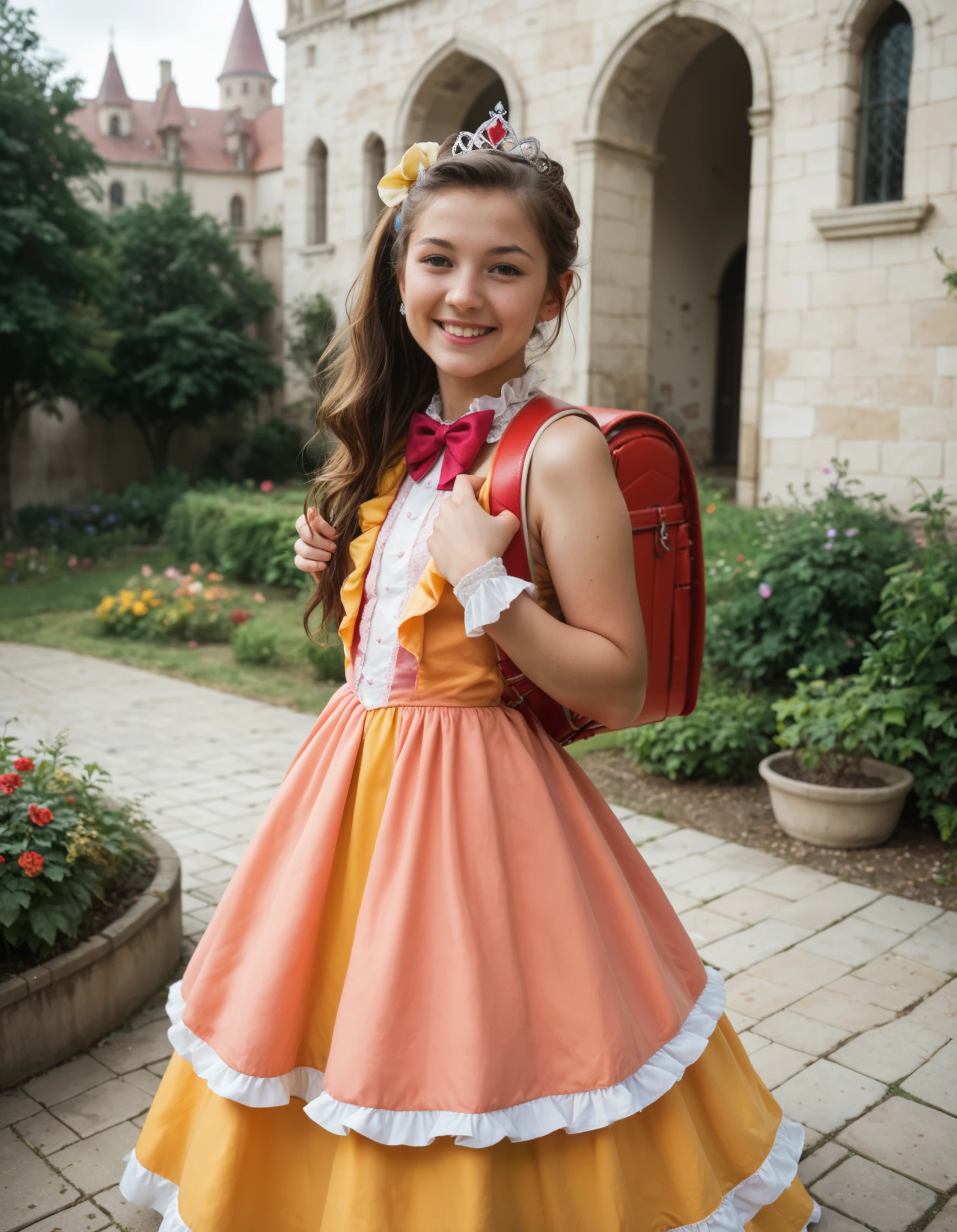 masterpiece, realistic, best quality, highres, 1girl, long hair, one side up, solo, ponytail,brown hair, princess dress, princess Costume, colorful princess dress,bowtie, smile (princess:1.2), frilled dress, tiara, castle, outdoor, garden, wearing randoseru backpack, red backpack , outdoor