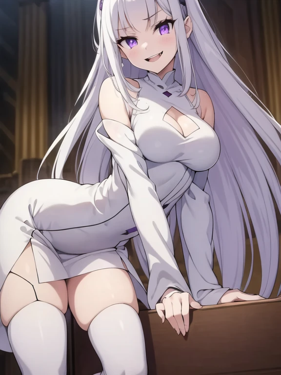 1girl, white hair, white eyelashes, black dress, evil smile, from below, looking down, pussy, sitting