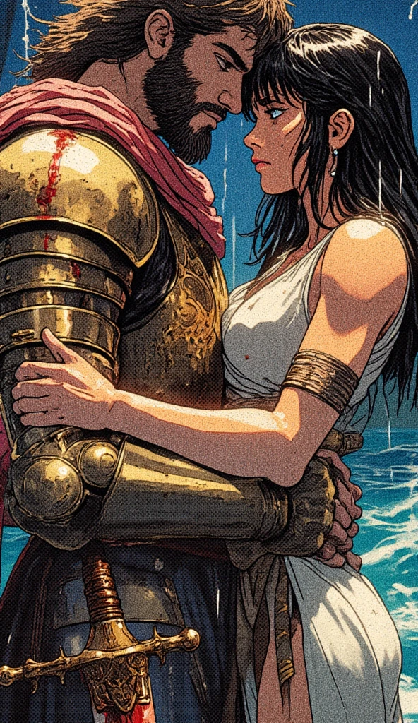 "Amidst a thunderstorm, an ancient Arabian knight in ornate bronze armor with a bloodied scimitar embraces a Japanese female warrior in a rain-soaked, delicate yet daring outfit. Her silky black bangs cling to her face as lightning illuminates their passionate connection. The turbulent sea crashes in the background, adding drama to the scene."