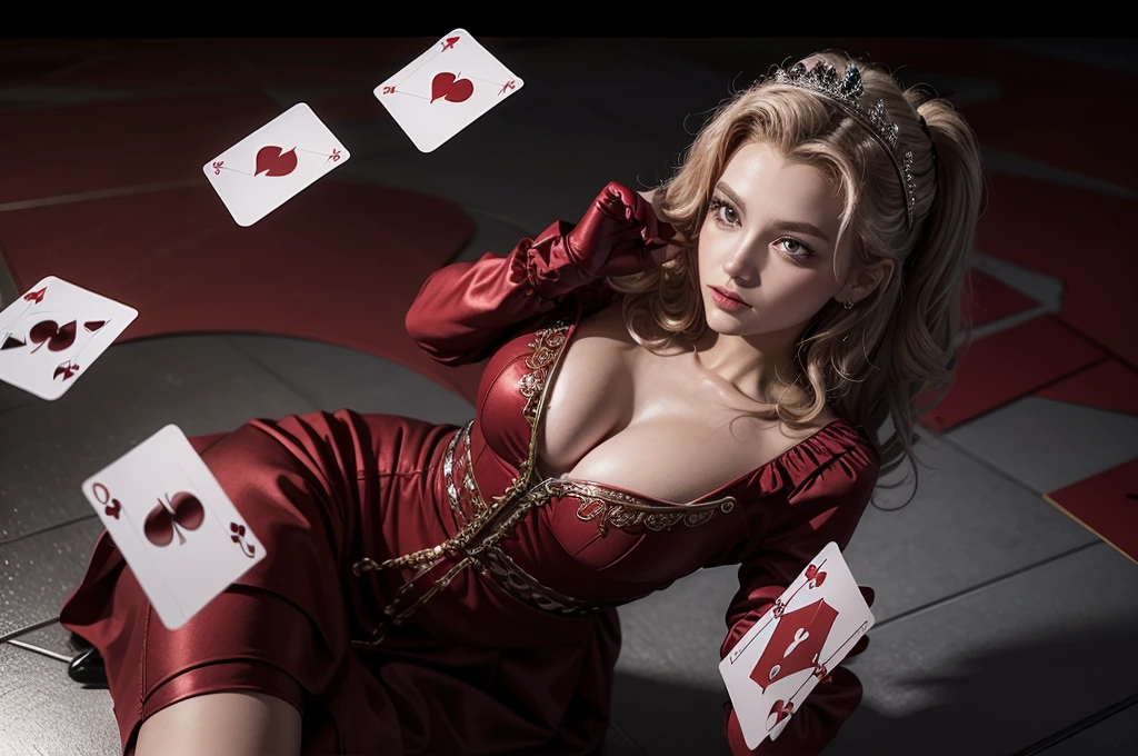 Queen of Hearts cards and more from the English deck, spread out on a shiny reflective floor, volumetric, cinematic lighting, very high quality