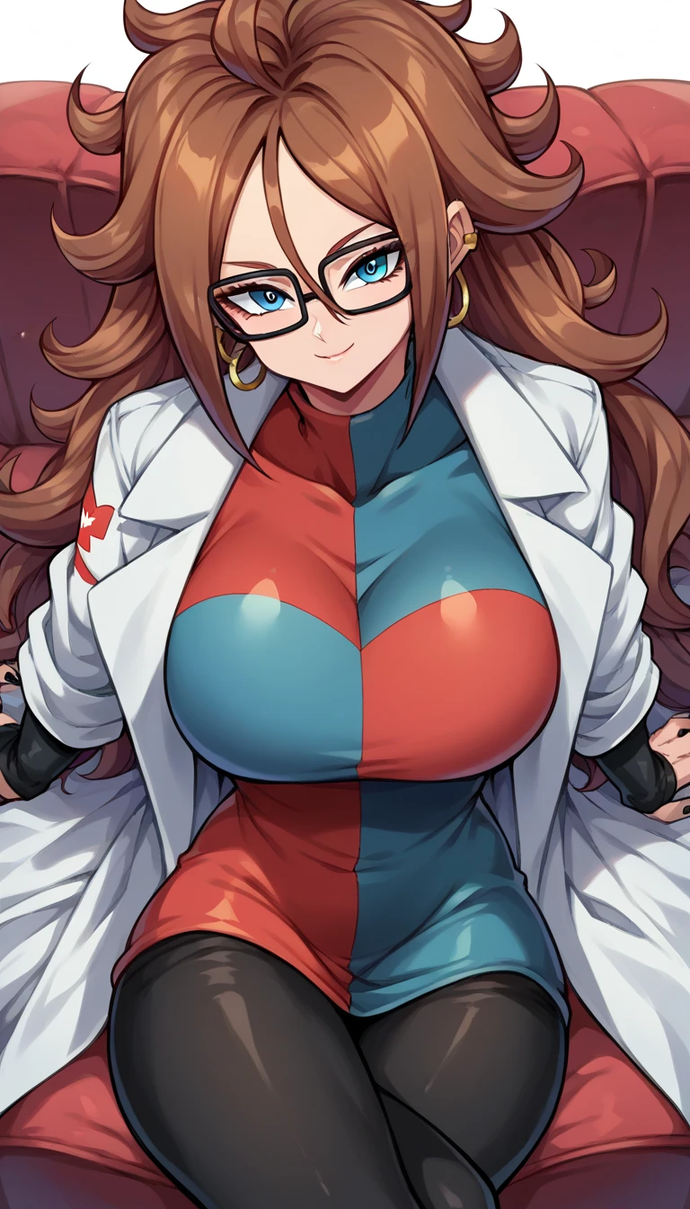 android21, android 21, blue eyes, brown hair, glasses, long hair, very long hair, black-framed eyewear, little smile, close mouth, black sleeves, checkered clothes, checkered dress, detached sleeves, dress, lab coat, turtleneck, indoors, Black pantyhouse looking at viewer, sexy body, big breasts, Black nails, thick legs, wide hips, front view, above view, sitting on sofa, crossed legs, Black pantyhouse, complet body, Black pants, lab Coat, White lab coat, 