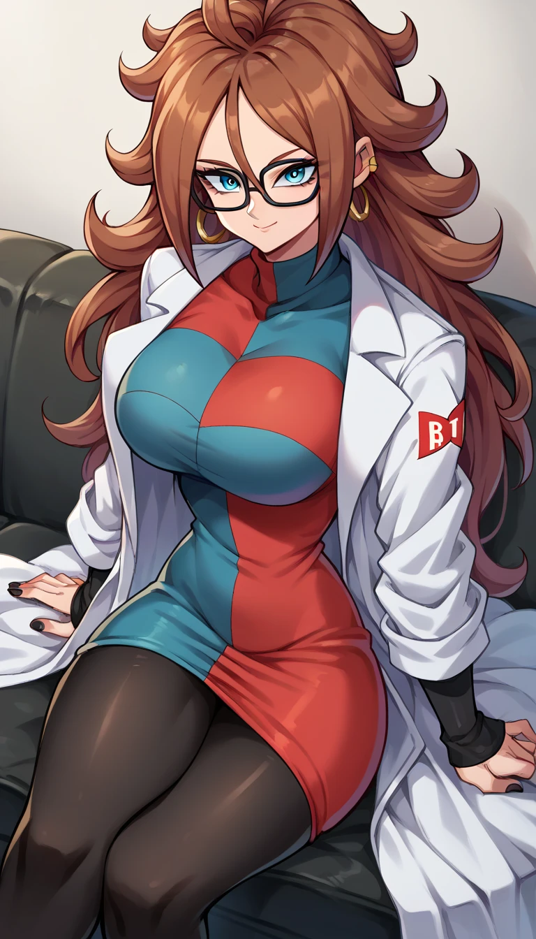 android21, android 21, blue eyes, brown hair, glasses, long hair, very long hair, black-framed eyewear, little smile, close mouth, black sleeves, checkered clothes, checkered dress, detached sleeves, dress, lab coat, turtleneck, indoors, Black pantyhouse looking at viewer, sexy body, big breasts, Black nails, thick legs, wide hips, front view, above view, sitting on sofa, crossed legs, Black pantyhouse, complet body, Black pants, lab Coat, White lab coat, 