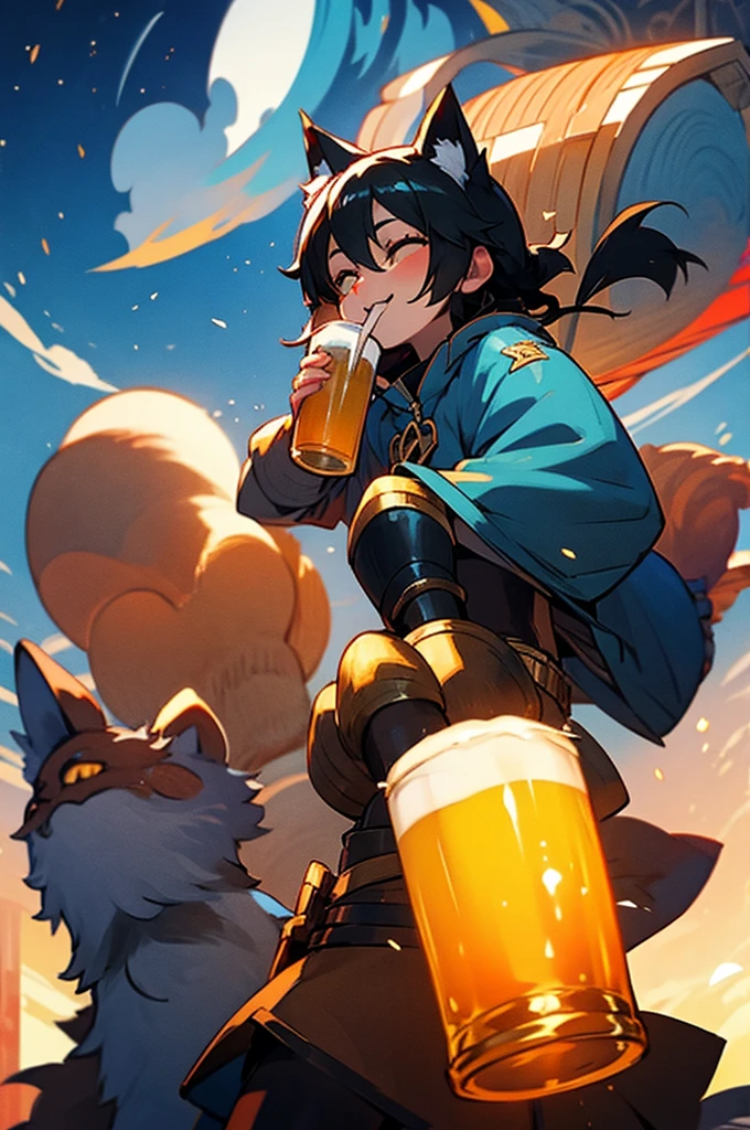 Rimuru tempest, fox ears and tail, black hair, golden armor, short, happy, drinking beer, raising beer