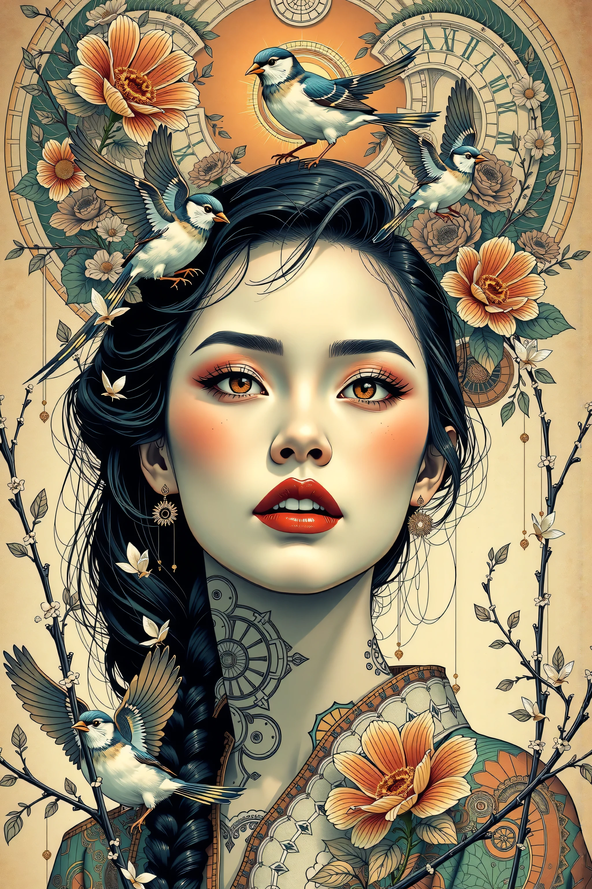 ((best quality)), ((masterpiece)), (detailed), ((perfect japanese face)), surreal, art nouveau, sparrows, fantasy, sci-fi, line drawing, japanese, traditional, vintage, elegant, chic, sophisticated, tattooed face, black and white, in the style of french illustrator moebius, 
