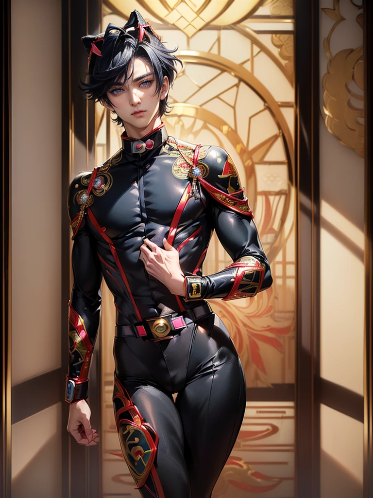 Handsome guy, 25 years old, Asian, master work, best picture quality, higher quality, high detail, super high resolution, 8k resolution, delicate facial features, boy, big muscles, tattoos, glowing eyes, short hair, hair details, [[Look away, look to the side, emphasize homosexuality and pay attention to every detail , open Hanfu transparent tulle jacket, white rubber pants, night, starry sky, flying flowers. Waterfalls, mountains, circling dragons, Chinese courtyard background (((((crotch bulge)))))