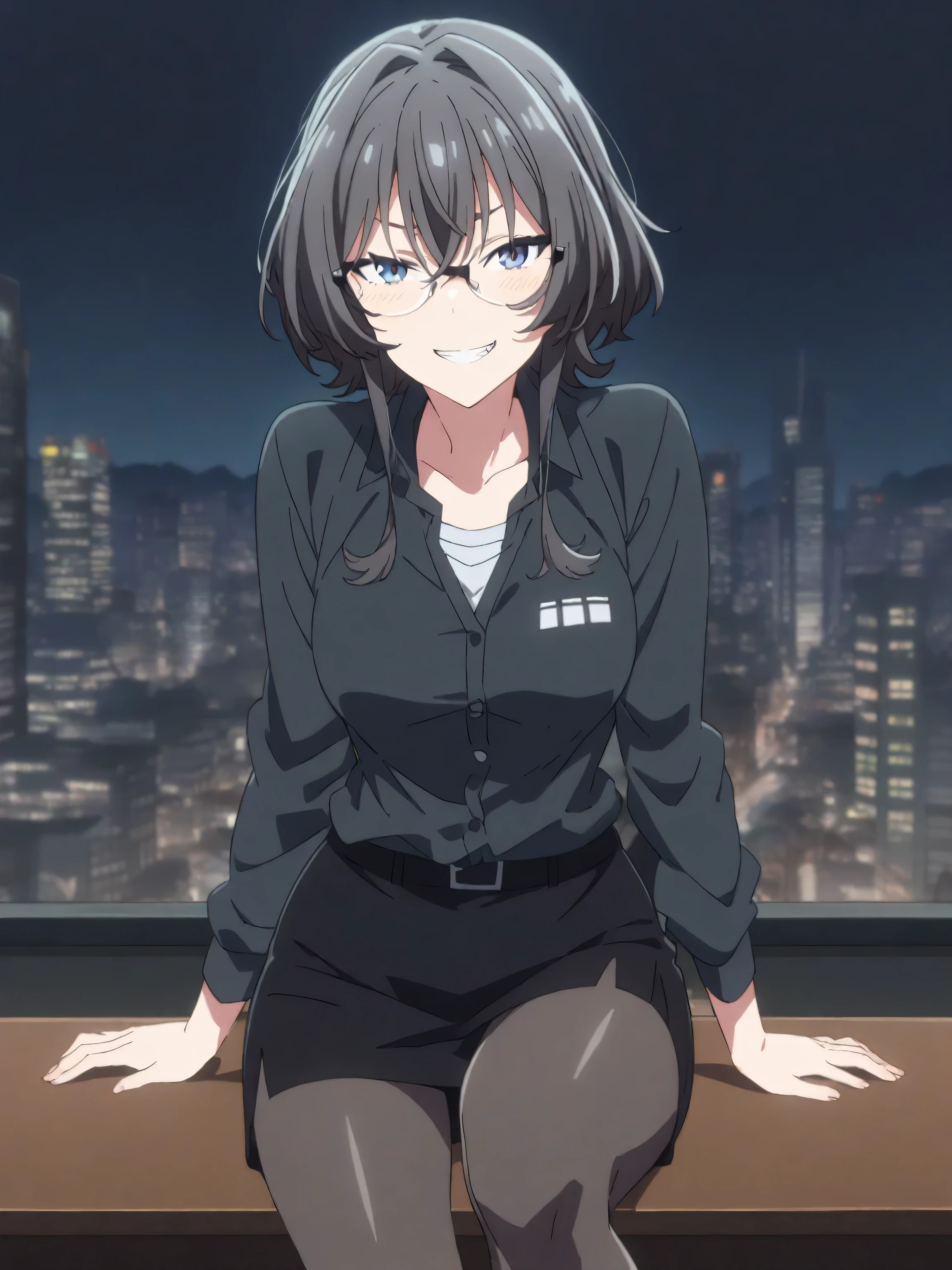 (1girl, asanagi_yori, masterpiece, best quality),Mid night City, Shoft Light, grin, beautiful, Blazzer, shirt, Pencil Skirt Pantyhose, glasses, Sit on table, looking at viewer, 