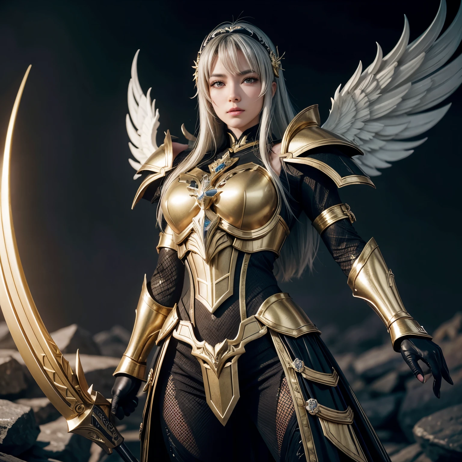 Ultra HD、Ultra-clear、Beautiful Face、prick々Holy warrior in beautiful golden armor、Golden Wings、Golden Tiara、Full body golden armor、Dragon scale armor、Heavy golden armor、blue eyes、Silver Hair、Braided Hair、Big Breasts、Big Great Sword、