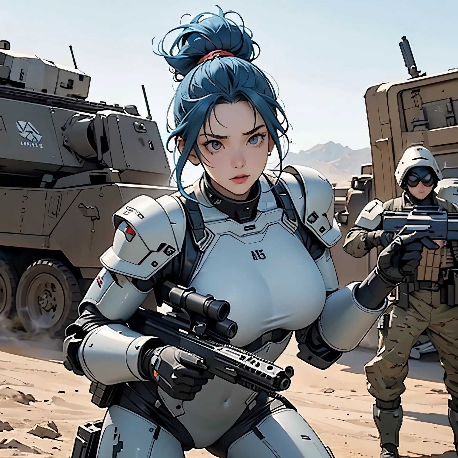 nsfw, anime screencap, 16K, perfect anatomy proportion body, perfect hands, action, A dynamic composition with a sense of speed and movement, (Hold an assault rifle:1.6), a wife, 40age, perfect beautiful delicate sexy face, perfect beautiful delicate drooping eyes, blue hair, updo, large breasts, abs, Camouflage-colored heavy armored steam engine full armor powered suit, Many heavily armored robot soldiers are engaged in a firefight in the background., Flying bullets, Snowy Battlefield, war, Post-apocalyptic,