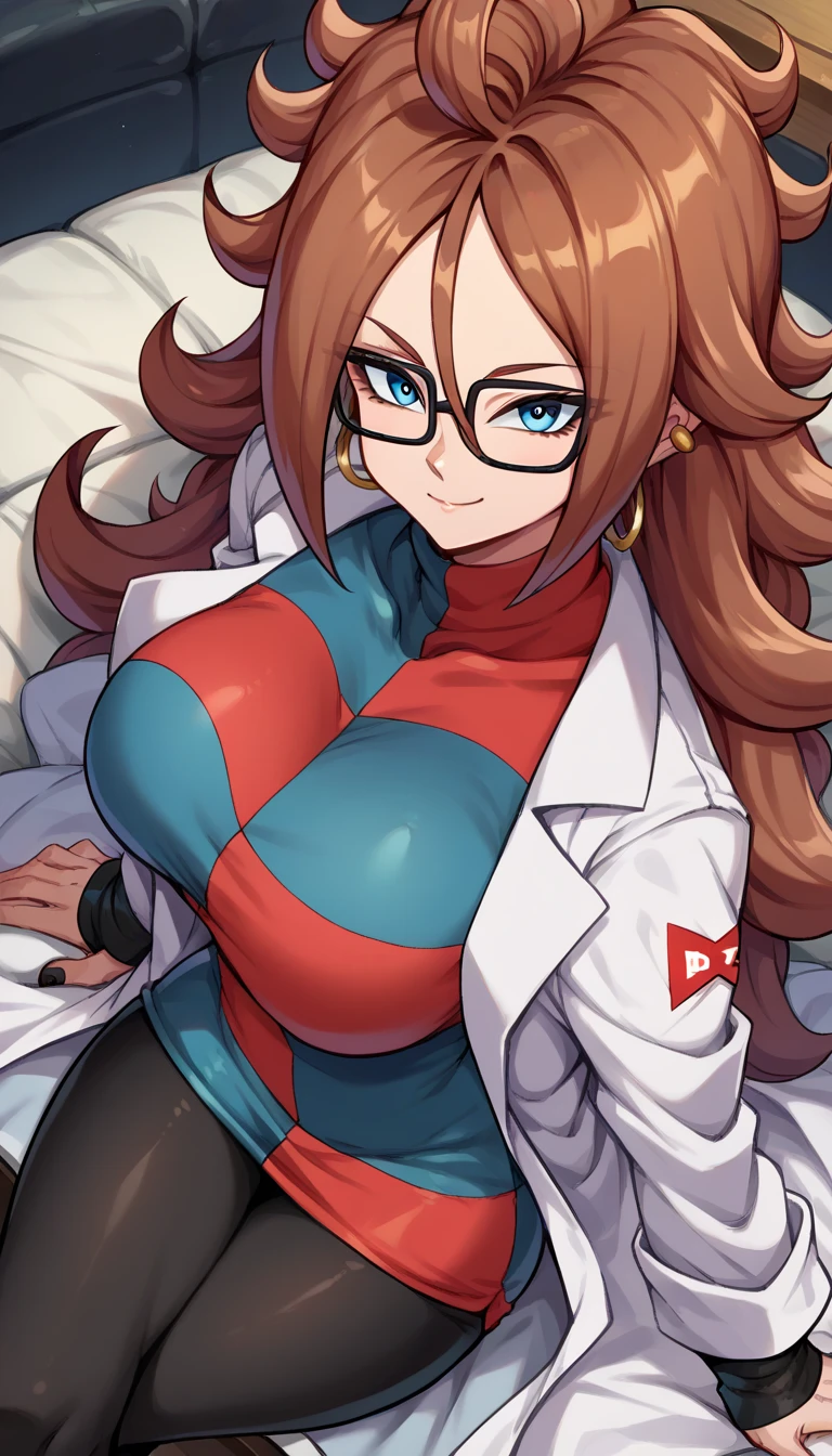 android21, android 21, blue eyes, brown hair, glasses, long hair, very long hair, black-framed eyewear, little smile, close mouth, black sleeves, checkered clothes, checkered dress, detached sleeves, dress, lab coat, turtleneck, indoors, Black pantyhouse looking at viewer, sexy body, big breasts, Black nails, thick legs, wide hips, front view, above view, sitting on sofa, crossed legs, Black pantyhouse, complet body, Black pants, lab Coat, White lab coat, 