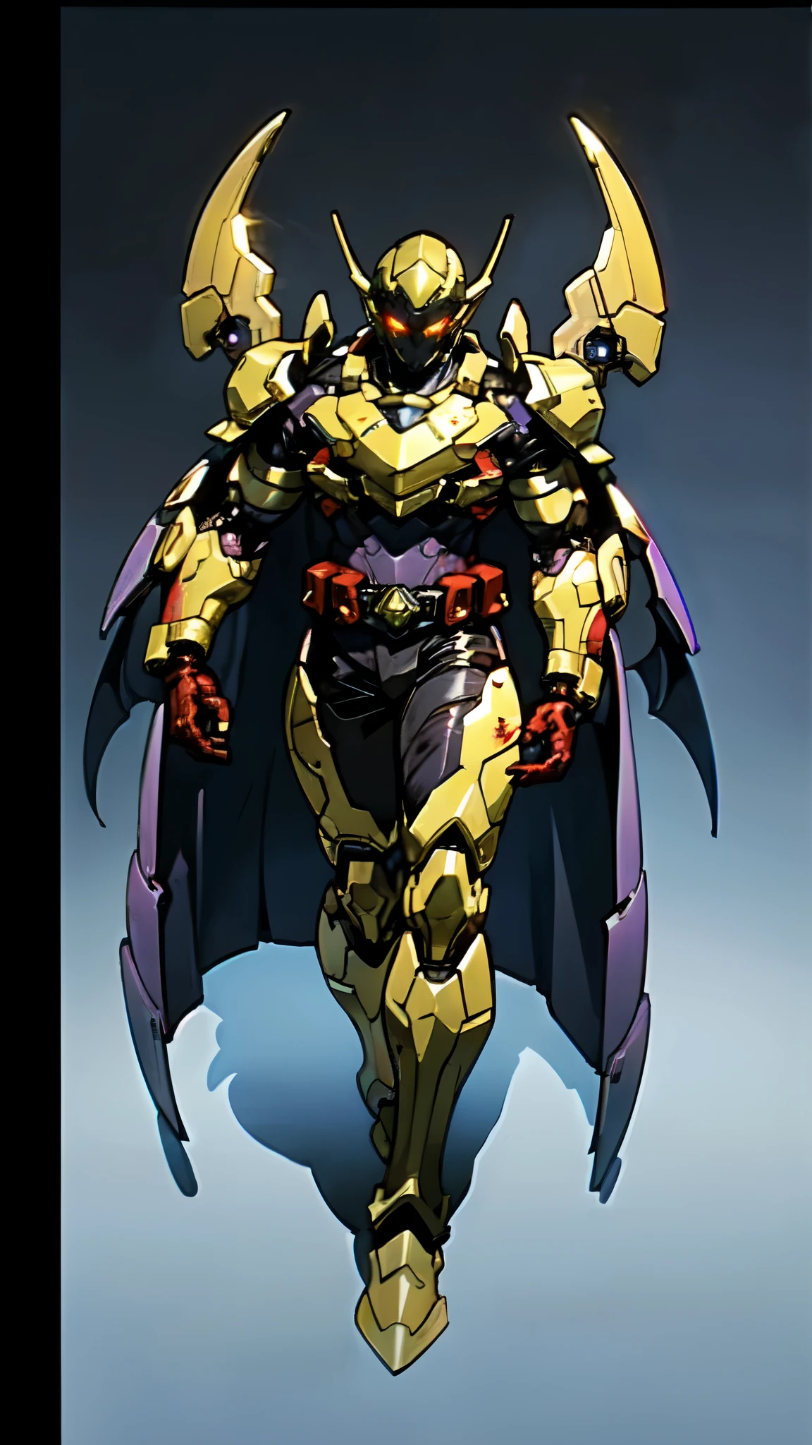 (masterpiece:1.5, best quality:1.5, extremely delicate:1.5), ((male:1.5)), a man wearing a full-face helmet, high-tech biomimetic armored combat suit, (a composite layered chest armor), the design balances heavy with agility, fully enclosed shoulder guards, matching arm and leg guards, a belt of gemstone, (the color scheme is primarily Red with Yellow and Purple accents, Organic Biotech, Concept Inspired by Vampire, glowing eyes, armor glows, huge cloak like devil wings, blood), stand of a futuristic sci-fi city, this character embodies a finely crafted fantasy-style armored hero in anime style, exquisite and mature art style, metallic, high definition, highres, ultra-detailed, ultra-fine painting, professional, perfect body proportions, golden ratio, anatomically correct, symmetrical face, extremely detailed eyes and face, high quality eyes, creativity, RAW photo, UHD, 32k, Natural light, cinematic lighting, (masterpiece-anatomy-perfect:1.2)