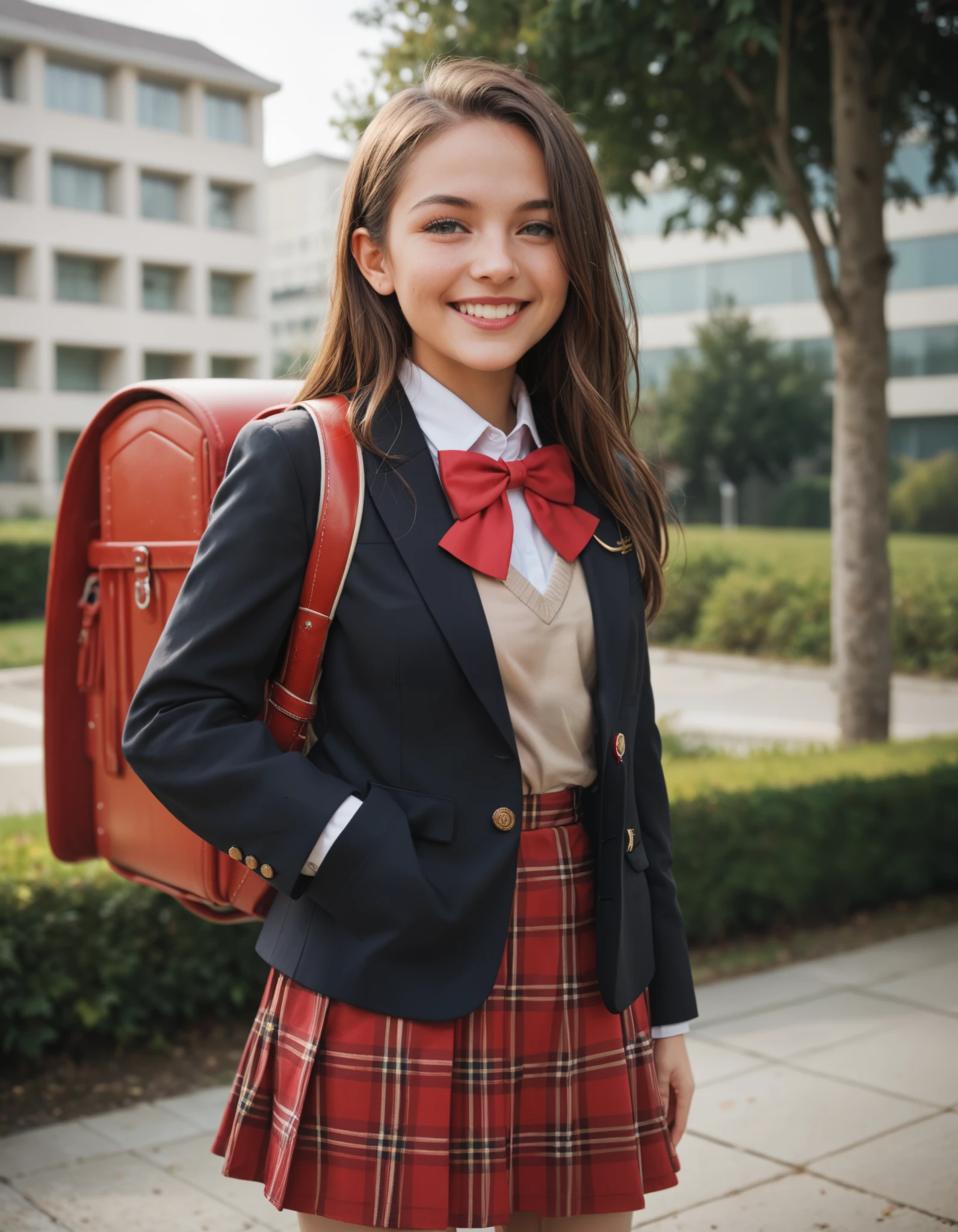 (masterpiece, best quality:1.0), highly detailed,  detail,  1girl , high, long hair, brown hair, UNiform, red bowtie, collared shirt, sweater vest, blazer, black blazer, opened jacket, long sleeves, plaid skirt, brown skirt, outdoor,  smile,  standing, cowboy shot, wearing randoseru backpack, red backpack 