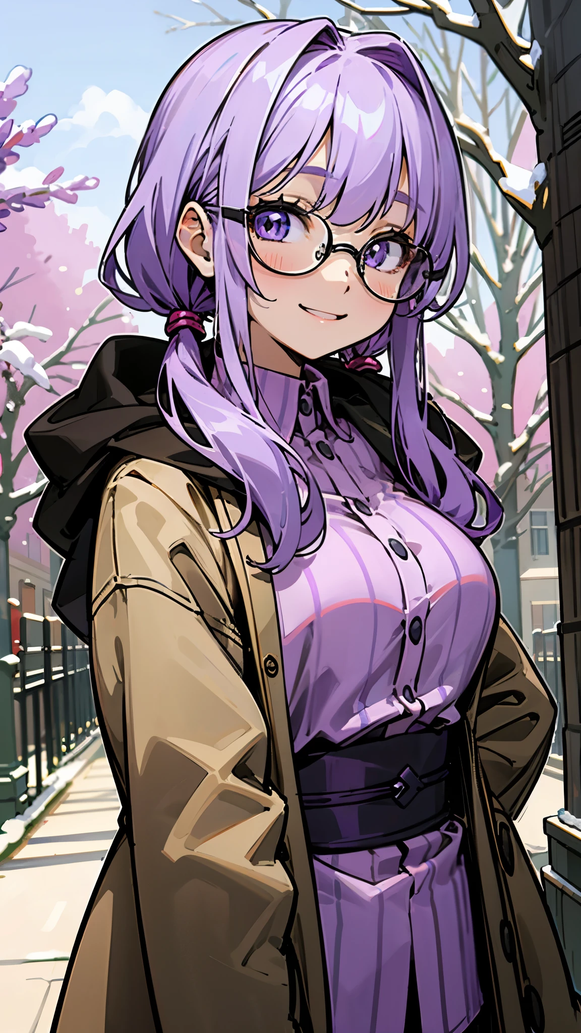 20-year-old woman、 lavender-colored hair 、Purple Eyes、 big smile 、Wearing black-rimmed glasses、 brown jacket、pink blouse shirt、 upper body、Under winter street trees 、 town square background