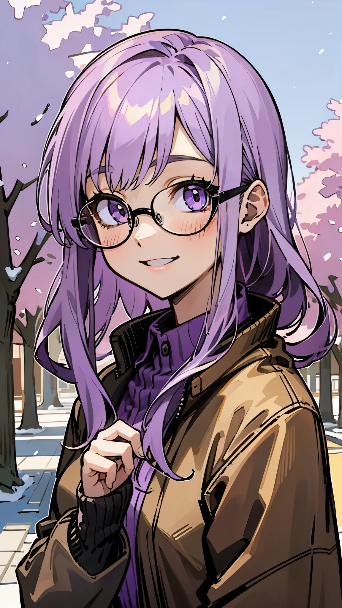 20-year-old woman、 lavender-colored hair 、Purple Eyes、 big smile 、Wearing black-rimmed glasses、 brown jacket、pink blouse shirt、 upper body、Under winter street trees 、 town square background