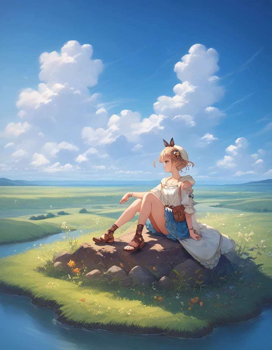  high image quality,Beautiful blue sky,Expansive grassland,A pleasant breeze,Lizaのアトリエ,Liza,sitting on a rock