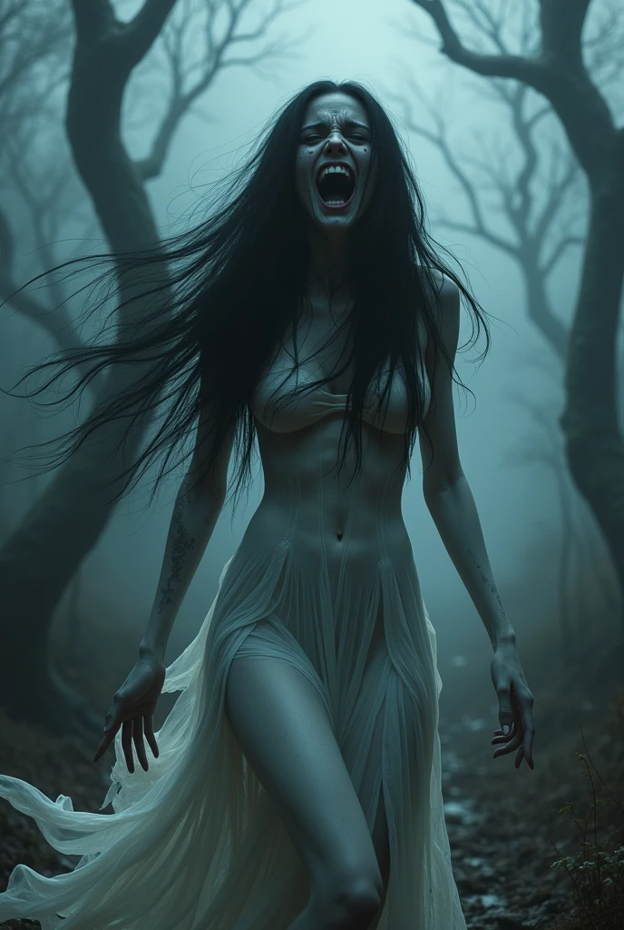 Laughing lady in white saree scary