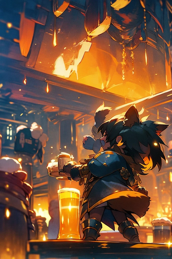 Rimuru tempest, fox ears and tail, black hair, golden armor, short, happy, raising beer, on a tavern