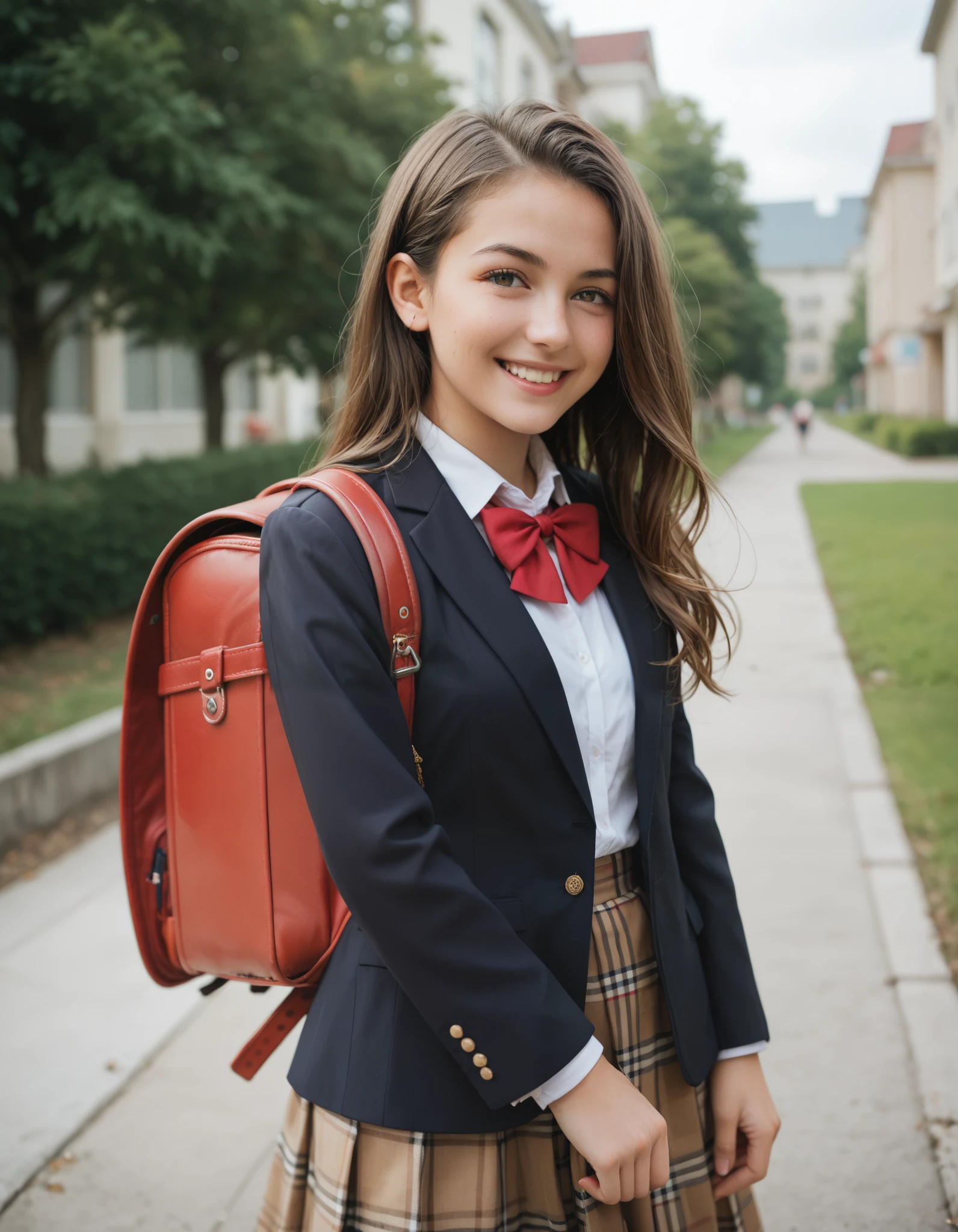 (masterpiece, best quality:1.0), highly detailed,  detail,  1girl , highschool student, long hair, brown hair, UNiform, red bowtie, collared shirt, sweater vest, blazer, black blazer, opened jacket, long sleeves, plaid skirt, brown skirt, outdoor,  smile,  standing, cowboy shot, wearing randoseru backpack, red backpack 