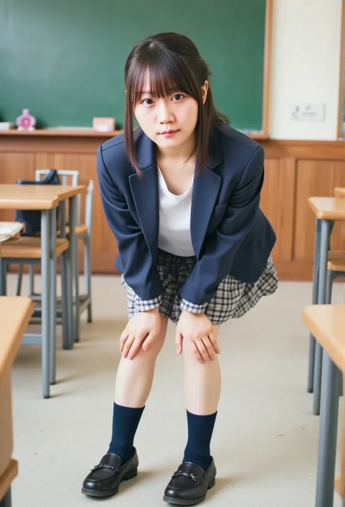 (8k、 RAW photos 、 top quality、  Masterpiece  :1.2)、( realistic 、 Photorealistic)、 1 girl、(( the beauty of the face with attention to detail 、Loafer Uniform、Dark blue socks、 blazer、Big Breasts、classroom、 ponytail、 seen from the front 、 stand with legs open、))、  lots of eyelashes on your hands、  glitter on eyelids 、  and a skeletal correct  