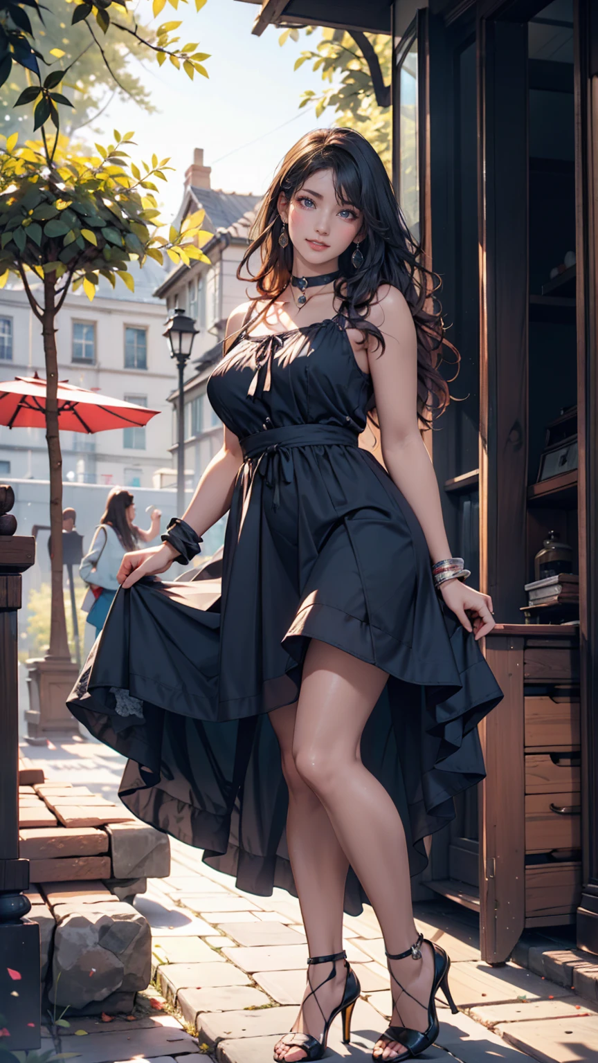 masterpiece,best quality,high resolution, 1 girl,From below,(The legs are very thin and straight),((Very long legs)),(Very long legs,Straight Legs),,High heel,Long legs,stand up, Leg length(From the front), Perfect body,Have perfect legs,(External),(1 girl),solitary,(Huge breasts:1.3),(Full body female),blush,Lipstick(Full body female),Blue lace shoulder skirt,skirt,裸Off-shoulder膀,Black,High heel,Off-shoulder,Short skirt, 8k, original photo, best quality, masterpiece,actual, Reality,((((City street background))))