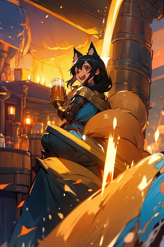 Rimuru tempest, fox ears and tail, black hair, golden armor, short, happy, raising beer, on a tavern