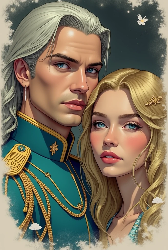 ((hyper  realistic)), (masterpiece), (5K), (best quality), detailed,(perfect face), 2d Couple, ((a young gray hair couple)), ((a gray long hair woman , vivid eyes, small boobs, purple dress)), brown eyes, ultra well detailed eyes, ((a short gray hair guy, wearing a prince cloth, royal clothes)),((a man with a short hair)), beautiful couple pose, (summer night walk),((perfect eyes))