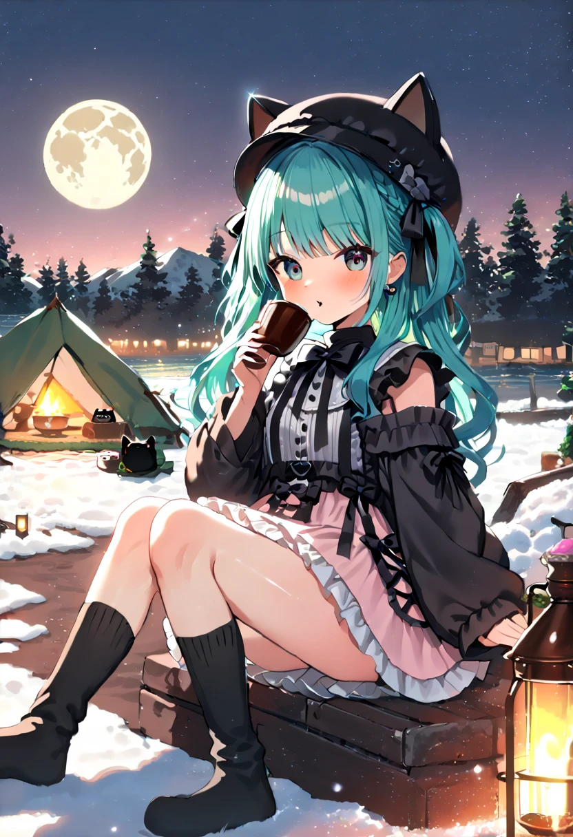 (hatsune miku, 1girl, solo:1.2), (gleaming skin, shiny skin:1.4), (green hair, pink mixed hair:1.4), (black cat ears hat:1.2), (black oversized hoodie:1.2), (winter oversized hoodie:1.4), (jirai kei, black short sleeves ruffle dress, black socks, lolita fashion black bow watson cross:1.4), (pink hair ribbon:1.4), (drinking cocoa:1.4), (winter solo camp, cantera, lakeside:1.4), (midnight, fullmoon:1.4), (under moonlight:1.4), 