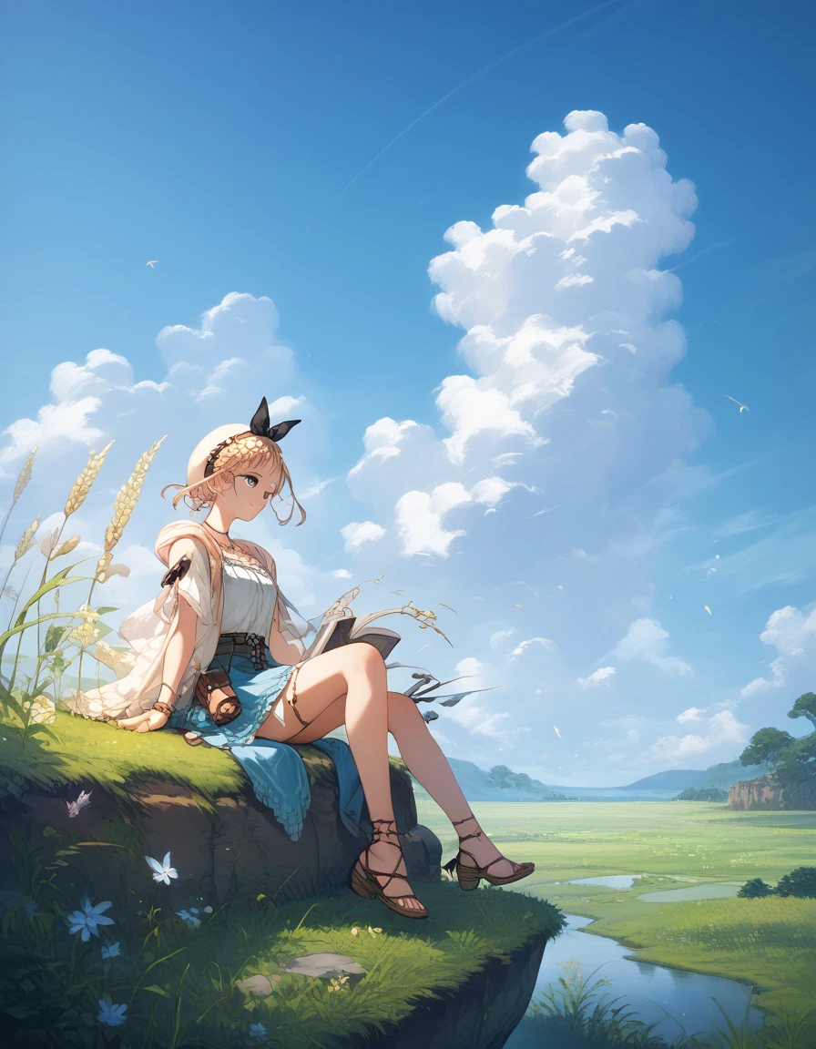  high image quality,Beautiful blue sky,Expansive grassland,A pleasant breeze,Lizaのアトリエ,Liza,sitting on a rock